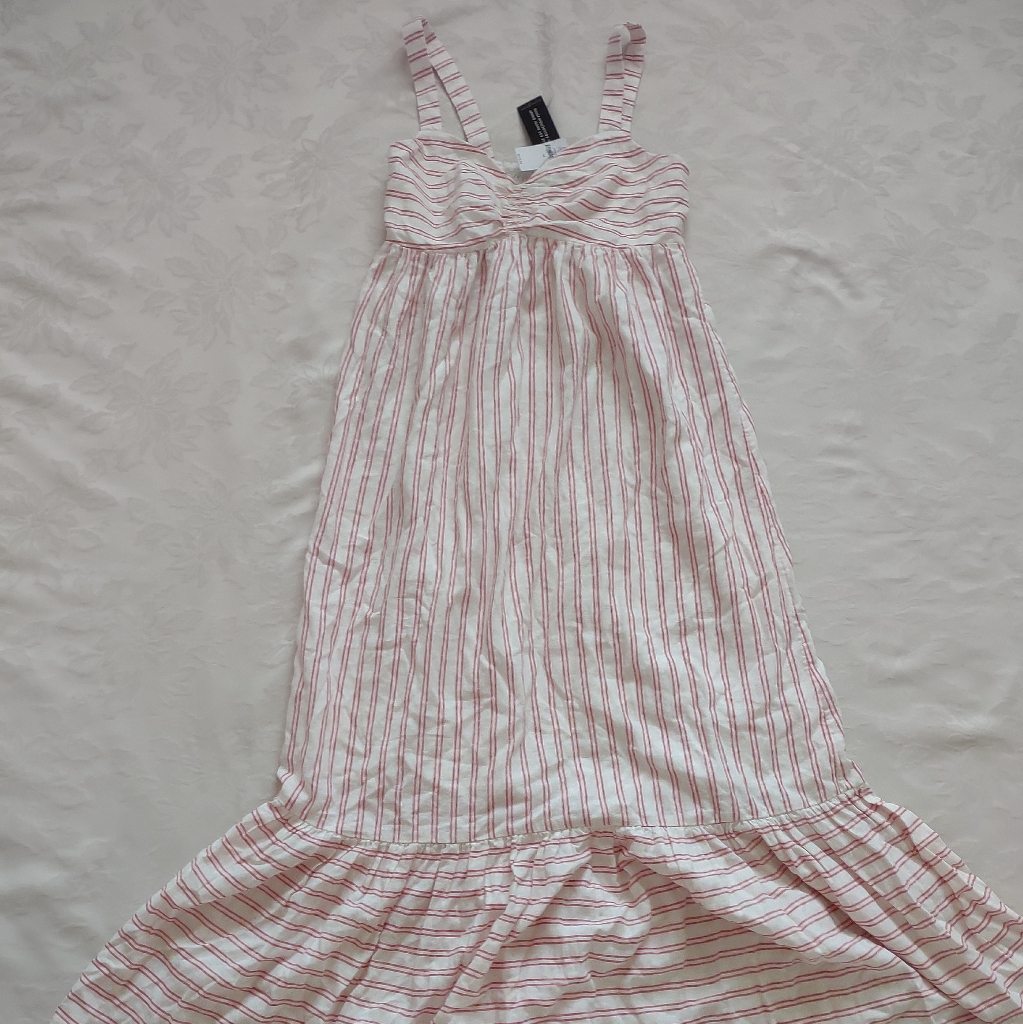 New Banana Republic Linen Blend Red White Striped Ruffle Hem Dress
